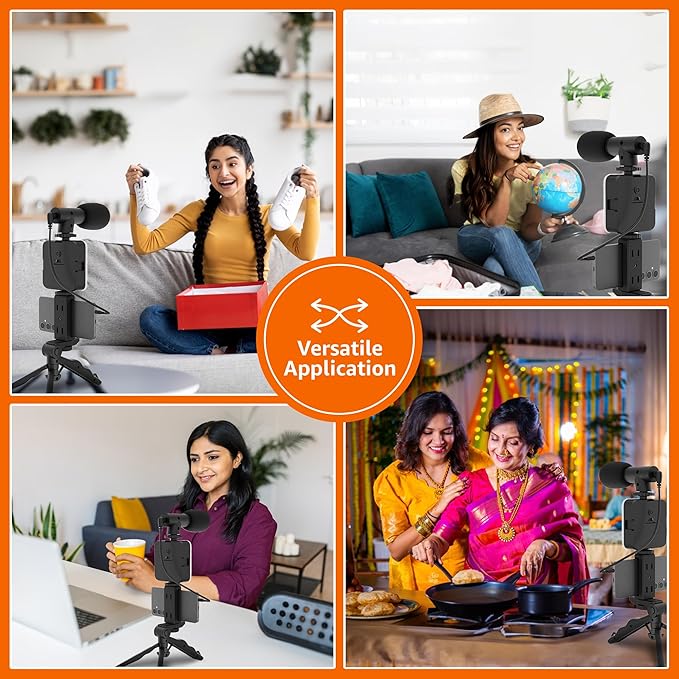 6-in-1 Vlogging Kit for All Phones | Tripod, LED Video Light, Cardioid Microphone, Phone Clip, Bluetooth Remote & Microphone Cable | Useful for Live Broadcasting, Video Calling
