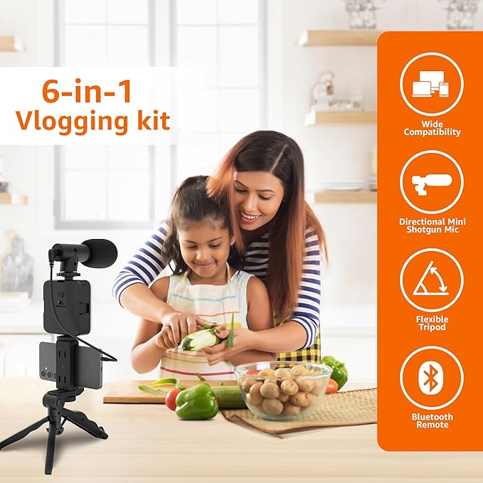 6-in-1 Vlogging Kit for All Phones | Tripod, LED Video Light, Cardioid Microphone, Phone Clip, Bluetooth Remote & Microphone Cable | Useful for Live Broadcasting, Video Calling