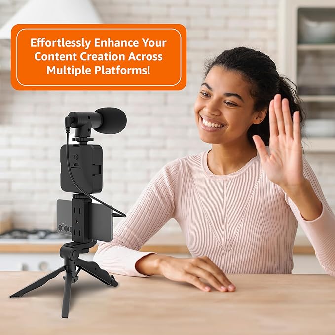 6-in-1 Vlogging Kit for All Phones | Tripod, LED Video Light, Cardioid Microphone, Phone Clip, Bluetooth Remote & Microphone Cable | Useful for Live Broadcasting, Video Calling